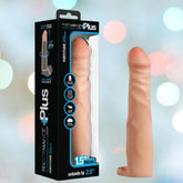 The image showcases a boxed product titled "Performance Plus Fortitude 2.5" Penis Xtender - Beige" by Blush Novelties, displaying a realistic beige penis extender crafted from body-safe, dual-density silicone. It adds 1.5 inches in girth and extends length by 2.5 inches, with softly blurred lights enhancing the background ambiance.